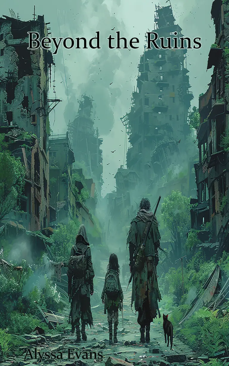 Three characters journey through a post-apocalyptic cityscape. The scene shows a strong woman carrying a machete, a man with a medical bag, and a young girl holding a kitten, all walking down an overgrown, cracked road. The background features towering, ruined buildings, overgrown with greenery, and the distant silhouettes of zombies. The sky is overcast.